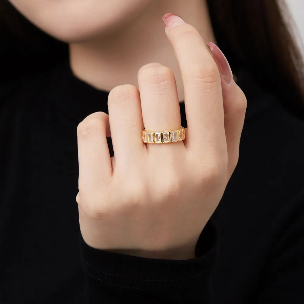 S925 sterling silver geometric stackable ring with full diamond oval rectangular surface on white background