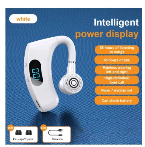 Digital display business earphones with charging compartment, Bluetooth 5.2, and 68-hour battery life in black