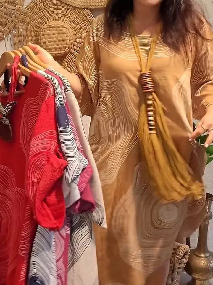Women's round neck abstract printing sleeve dress with 3D effect and A-line skirt in red