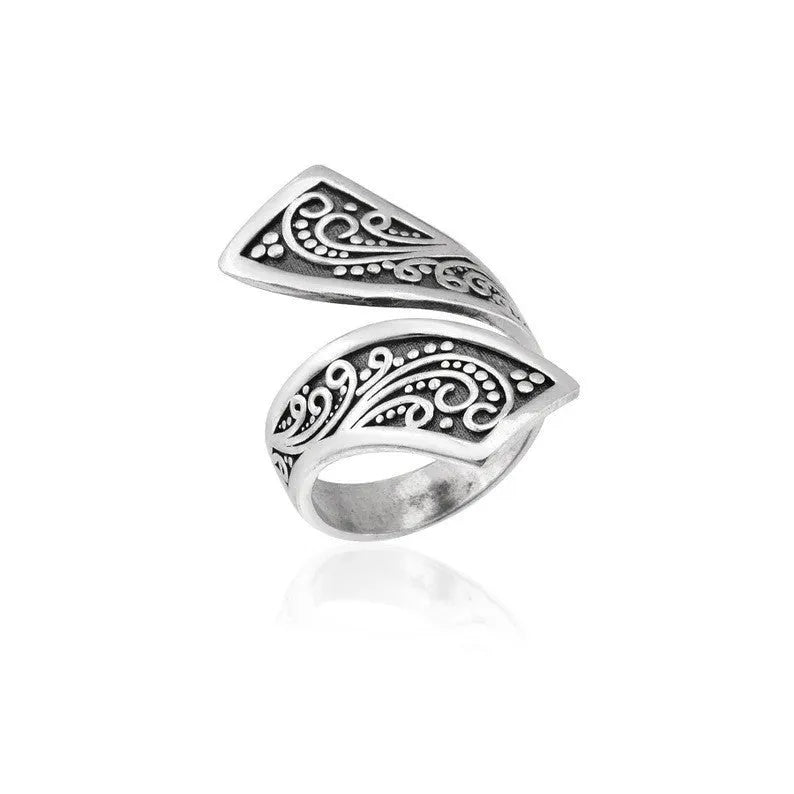 Silver colour adjustable opening retro women's ring with minimalist design on finger