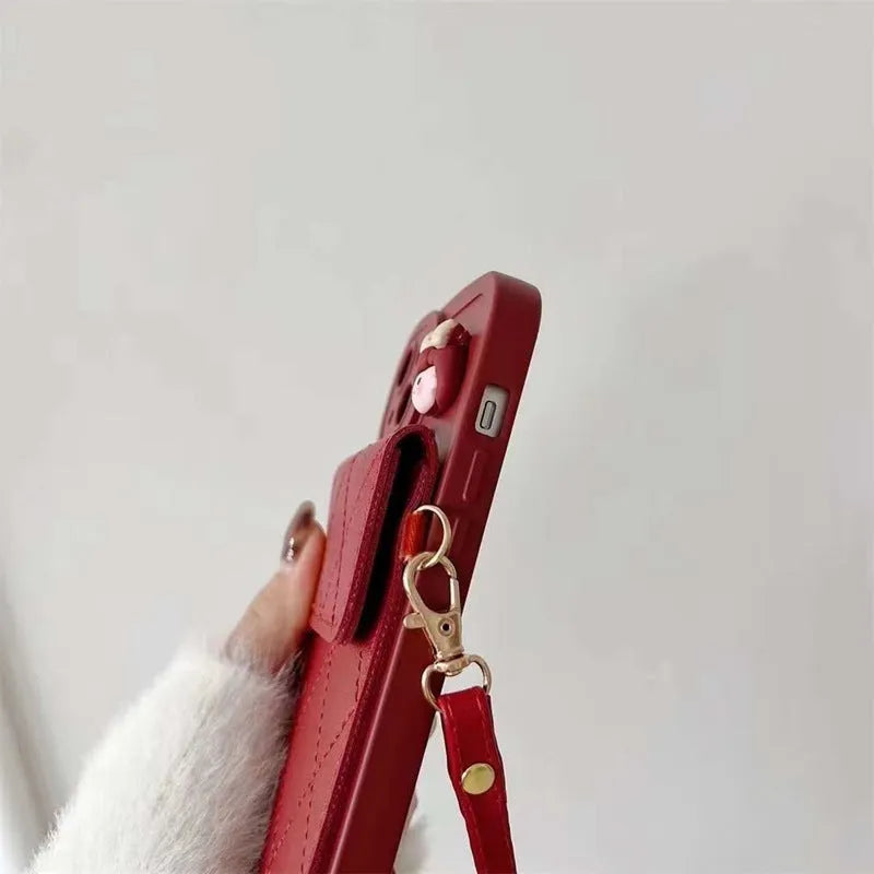 Red crossbody card holder phone case with lanyard and red diamond plaid TPU finish for iPhone