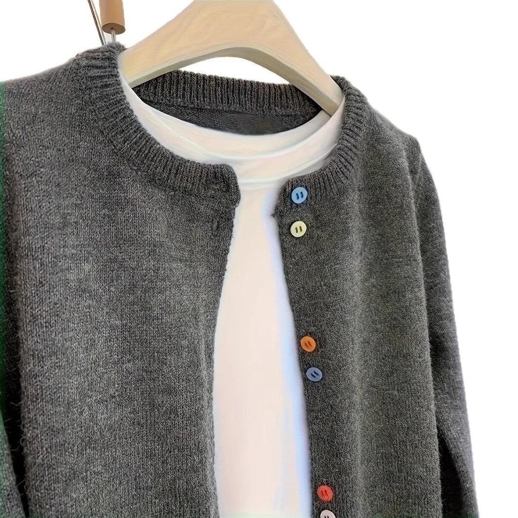 Dark grey women's polyester cardigan with button front and long sleeves.