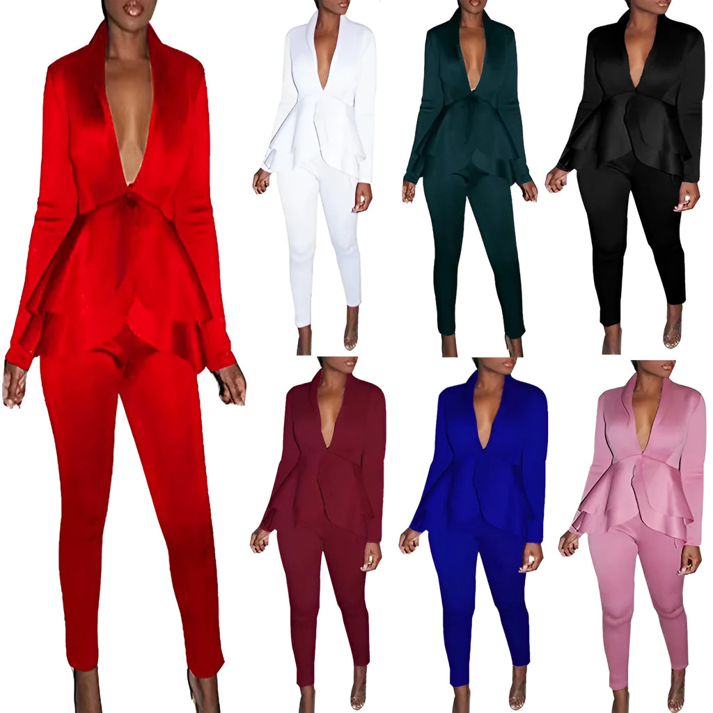 Women's ruffled air layer top and pencil pants business casual uniform set
