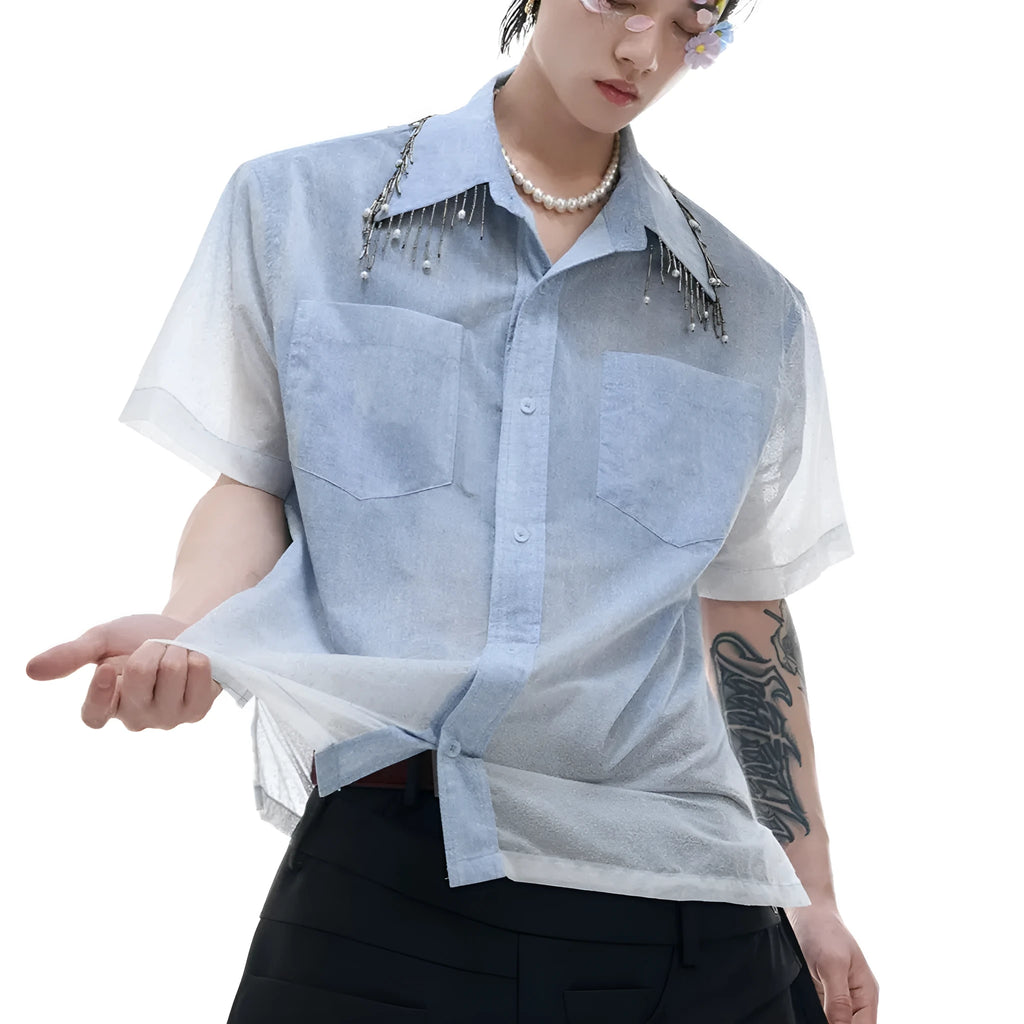 Men's loose blue and white gradient short sleeve shirt with quilted pattern