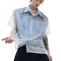 Men's loose blue and white gradient short sleeve shirt with quilted pattern