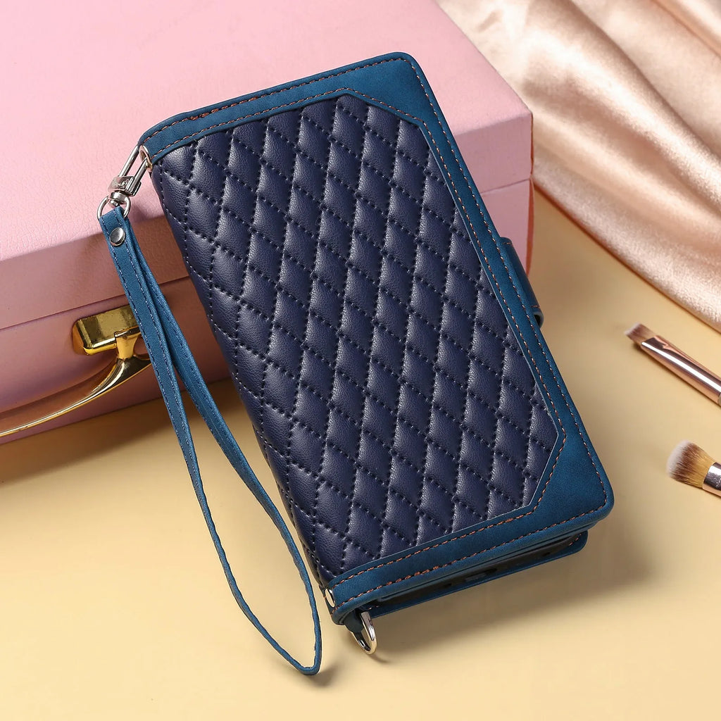 Crossbody plaid zipper phone case for Samsung S23 Ultra with card slots and shoulder strap
