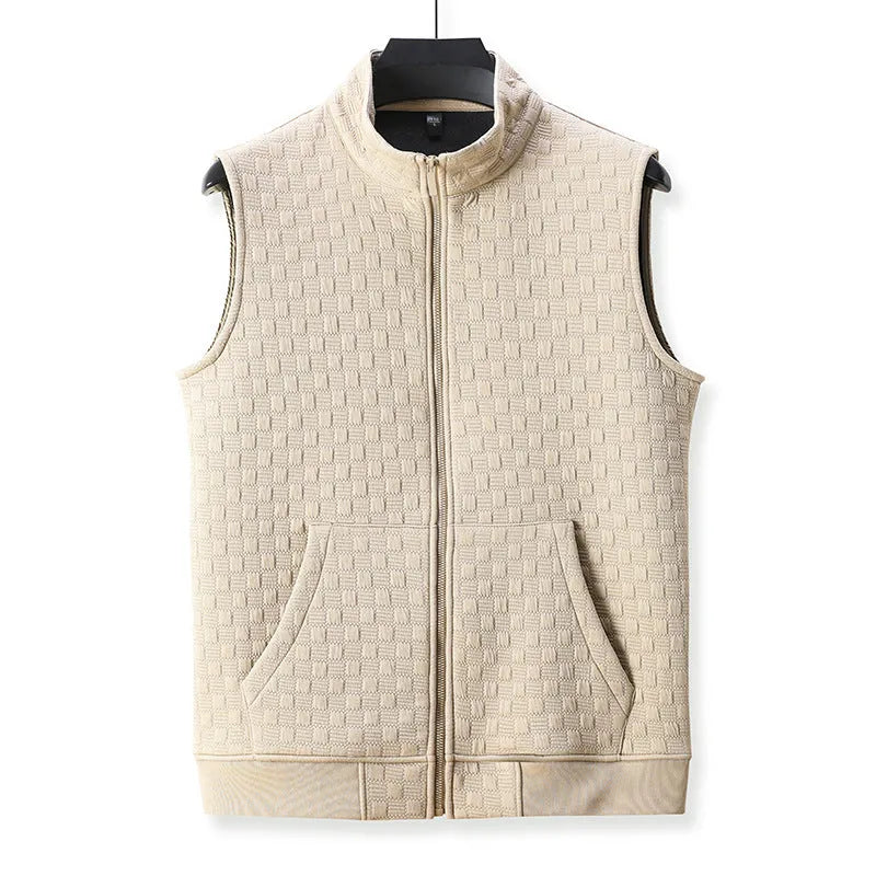 Sleeveless waistcoat vest in polyester blend fabric available in black, brown, grey, and khaki colours