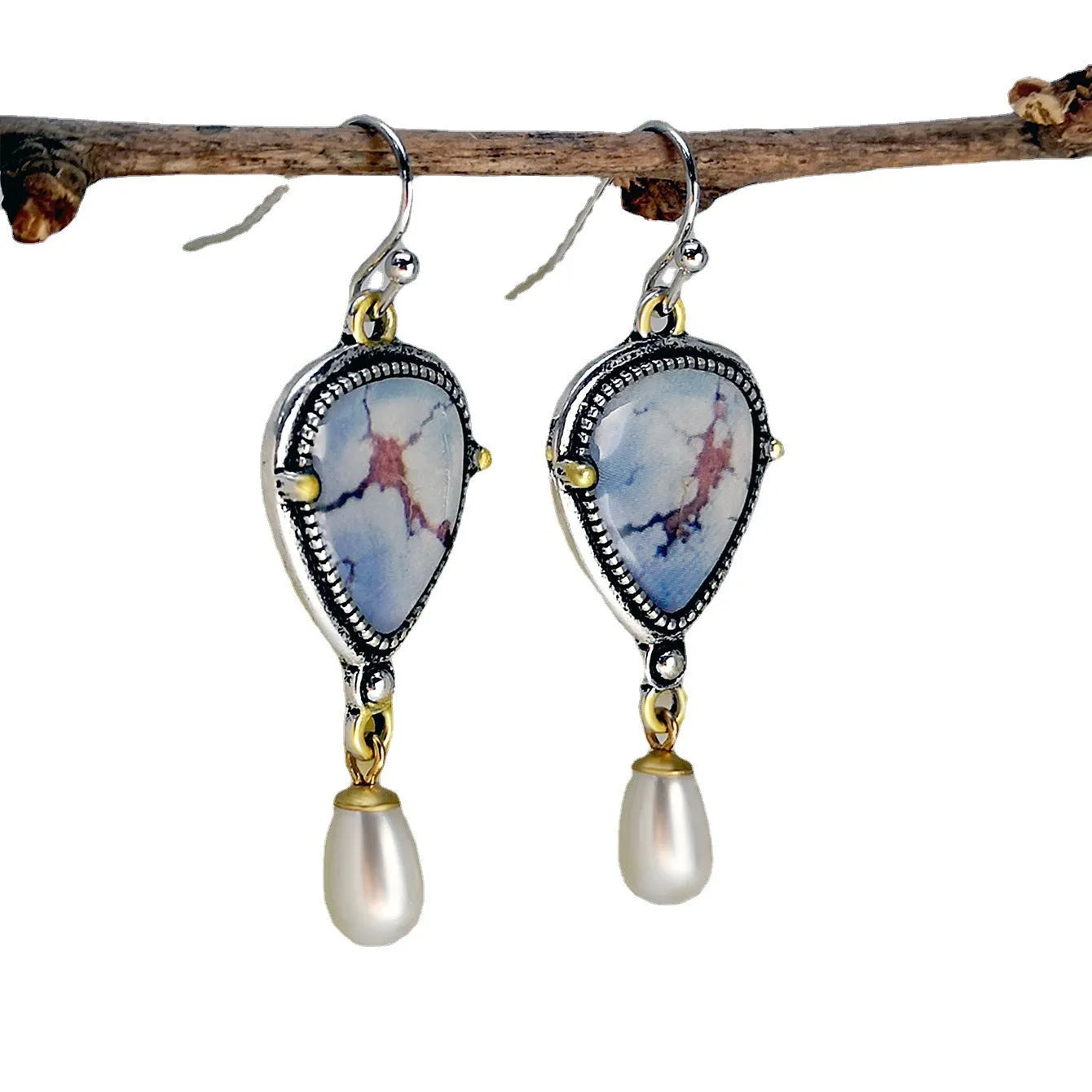 Retro blue geometric drop earrings with synthetic opal and pearl accents on electroplated metal