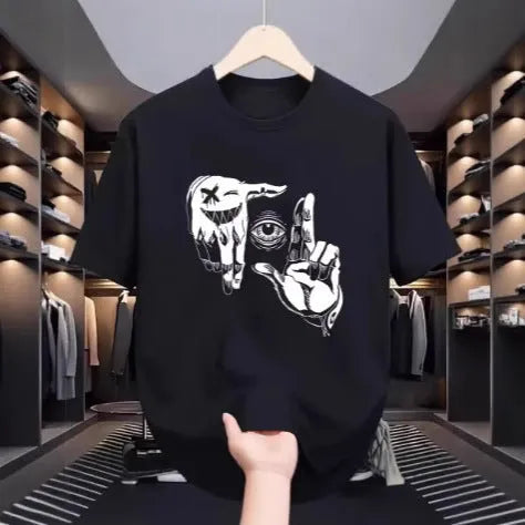 Men's grey cartoon print short sleeve t-shirt made from breathable mesh fabric