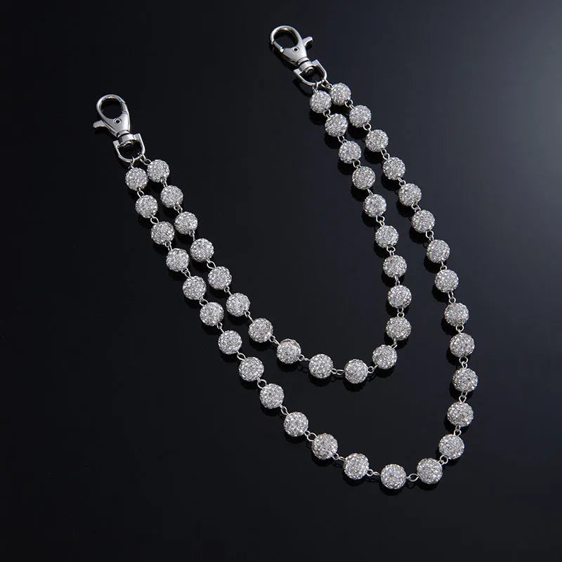 Alloy hip hop waist chain with diamond ball zipper detail, 115cm length, black colour option on display