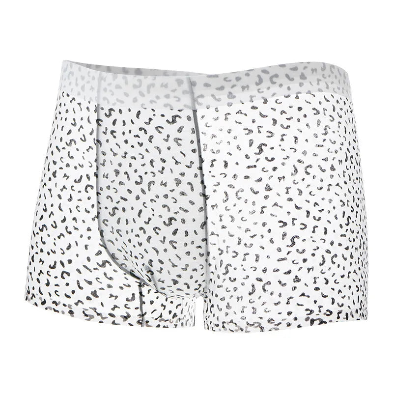 Men's ice silk boxer shorts showing camouflage, leopard print, zebra and geometric pattern options.