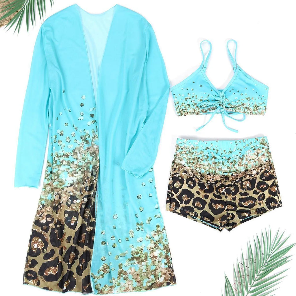 Women's lake blue swimsuit set with high waist briefs and sleeveless top