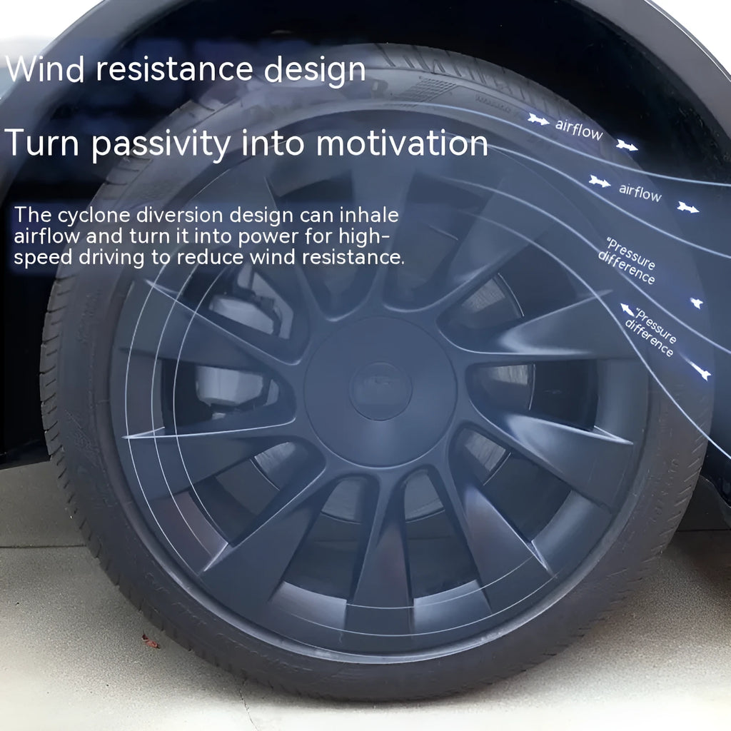 Tesla Model Y plastic wheel hub cover set in multiple colour options including carbon fiber pattern