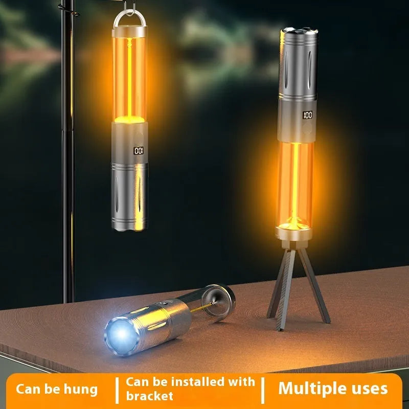 Portable rechargeable LED camping lantern with Type-C charging, telescopic zoom and tungsten wire style