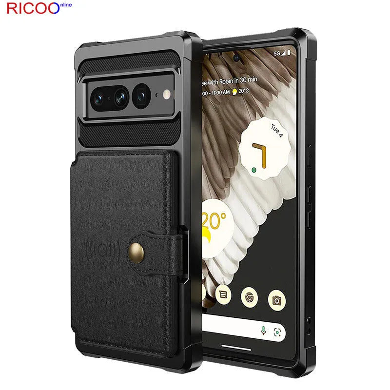 Google Pixel 7 card holder wallet case with magnetic closure in black, blue, cyan, purple, red, rose gold
