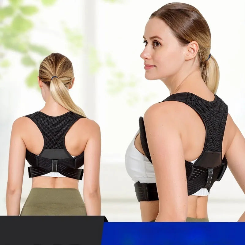 Black adjustable anti-humpback posture correction belt shown on size chart