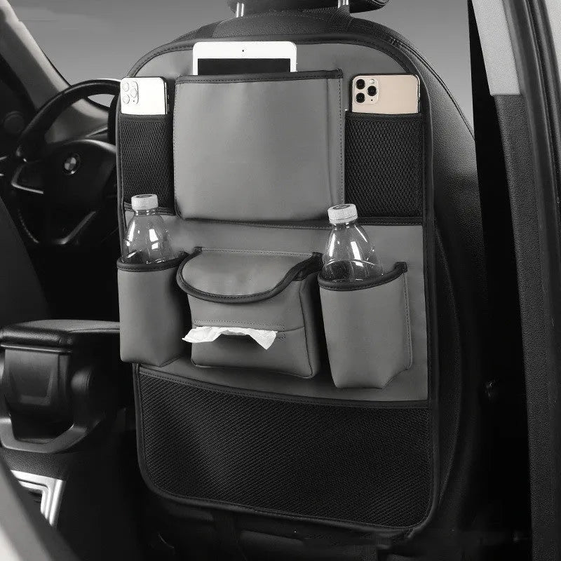 Genuine leather car seat back storage bag in black, grey, green, and brown colour options