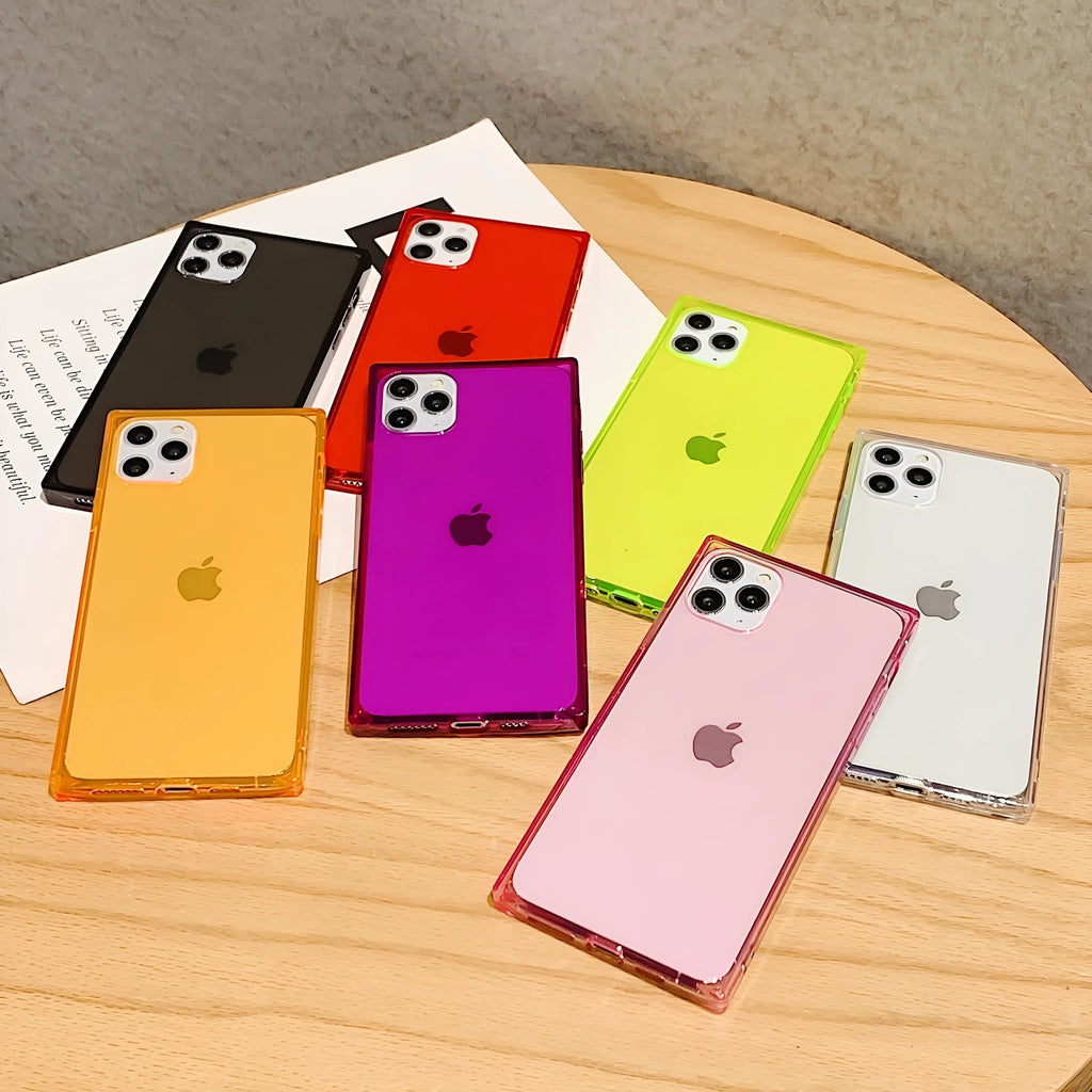 Square transparent TPU phone case for iPhone 12, showing slim profile and cutouts