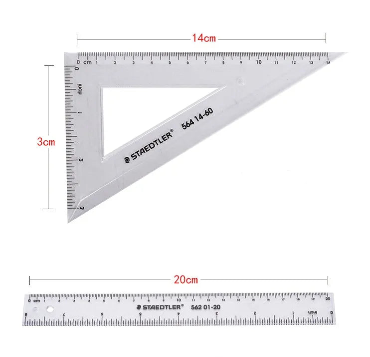 Four-piece plastic ruler set with 15cm ruler, triangles and protractor in transparent and neon colours
