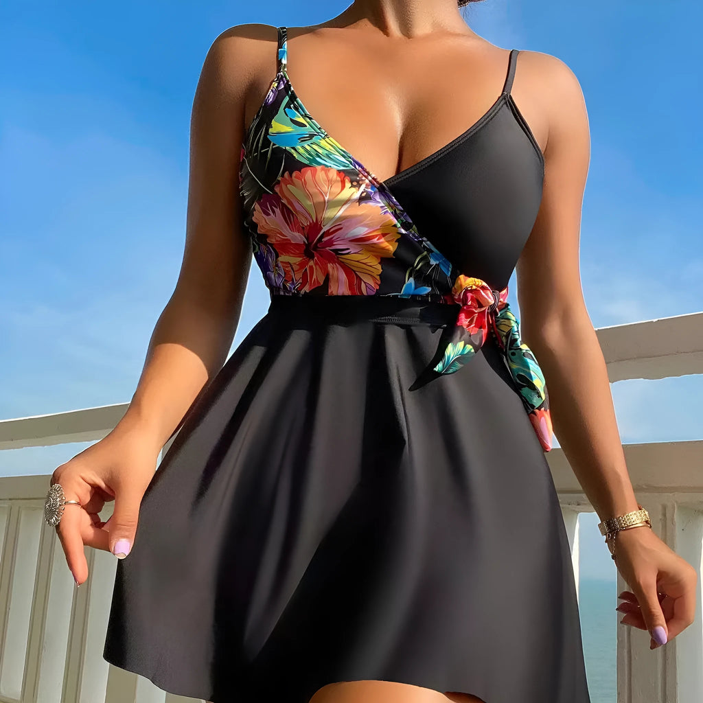 Black women's high waist briefs with printed split bikini style for swimming and sports.