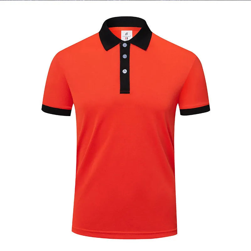 Men's and women's short sleeve lapel collar t-shirt in multiple colours on a hanger.