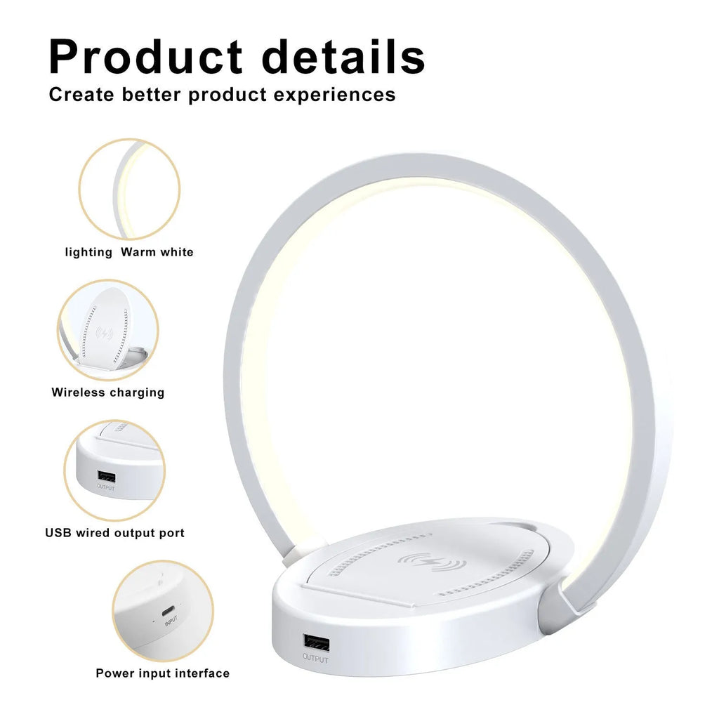 Wood grain wireless charging lamp with Bluetooth speaker, 10W charger, USB port, and phone holder on a desk