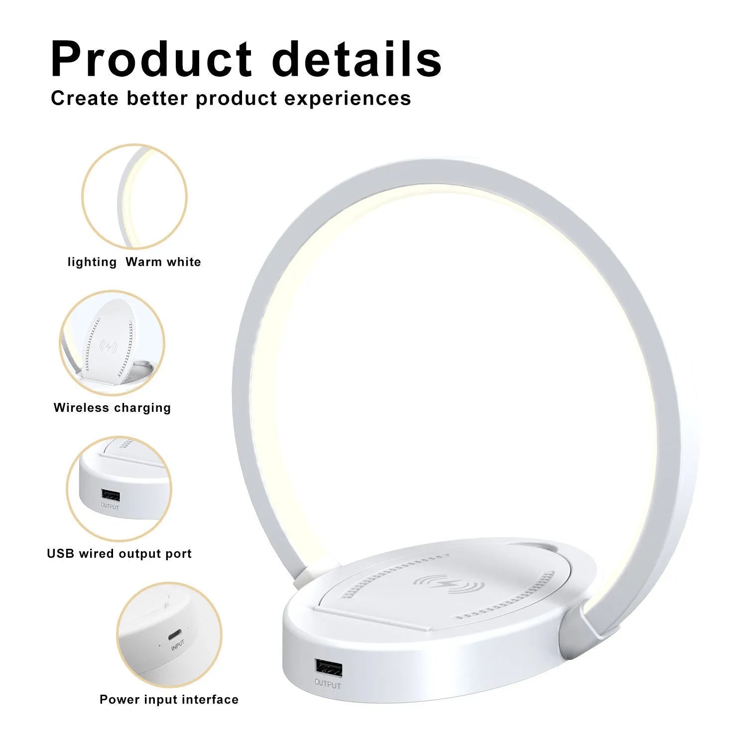 Wood grain wireless charging lamp with Bluetooth speaker, 10W charger, USB port, and phone holder on a desk