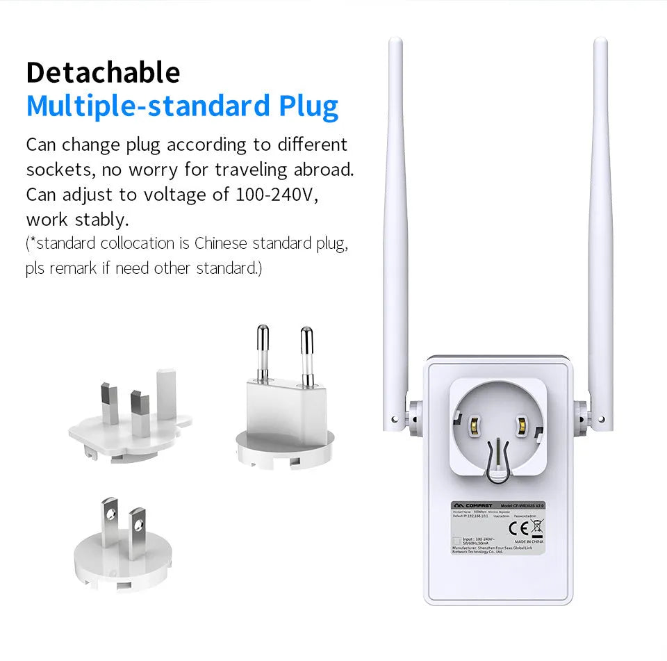 AC1200 dual band WiFi range extender with four 3dBi antennas, black, on white background