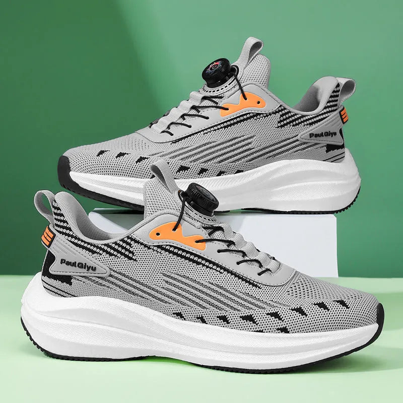 Men's white and green rotating buckle Fly-kit mesh sports shoes with round toe and flat heel design