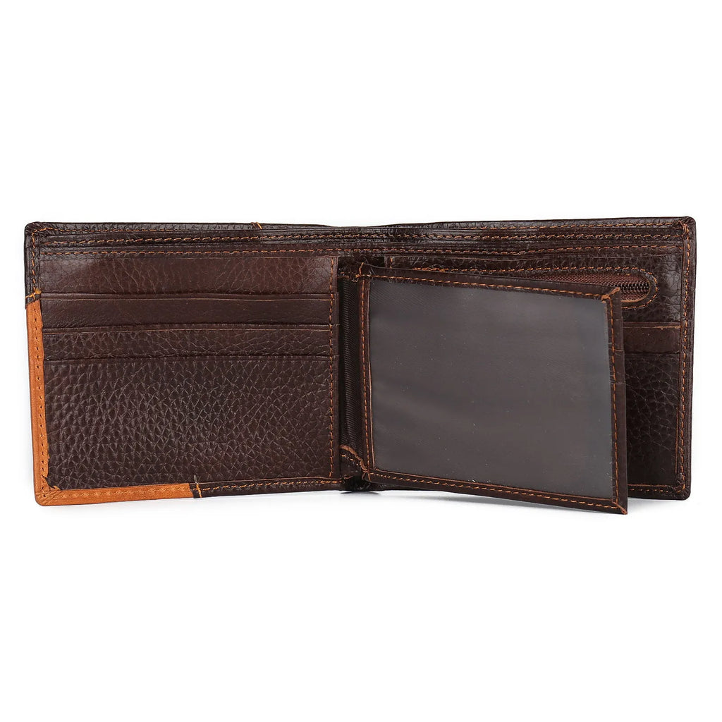 Men's soft cowhide leather square wallet open to show card slots, photo slot, bill holder, and zipper compartment.