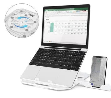 Adjustable notebook stand in black engineering plastic with seven angle positions on a desk