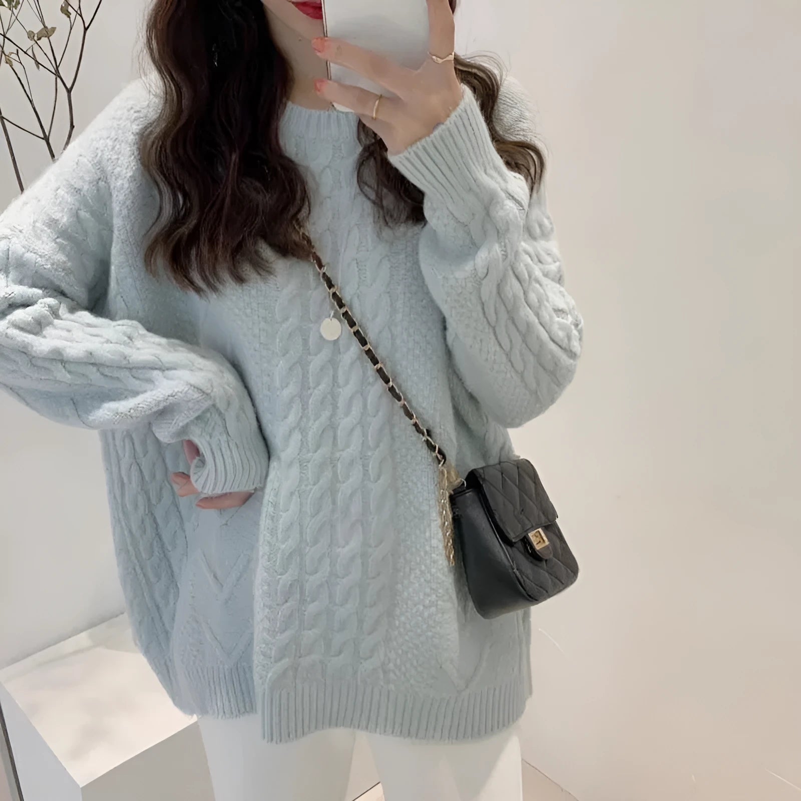 Thick hemp flowers knitted round neck sweater in khaki colour, loose retro top for women
