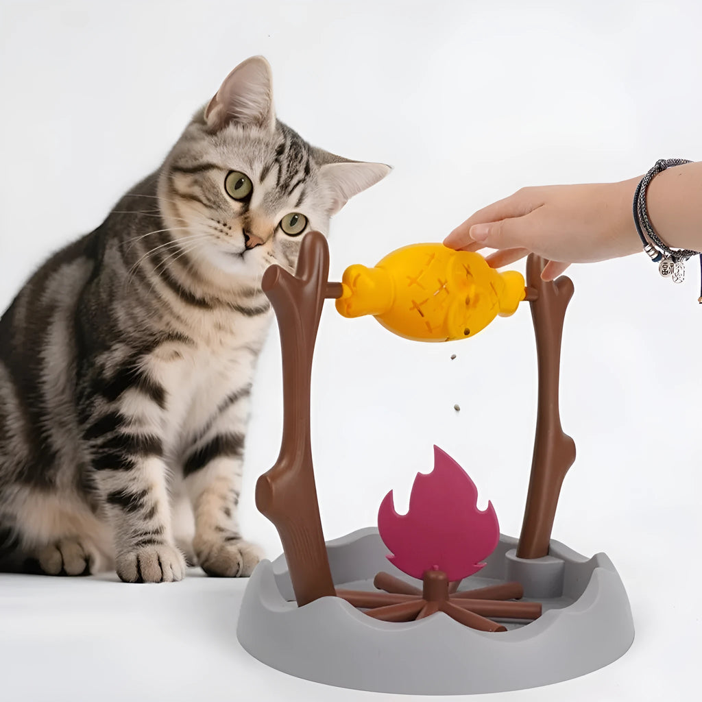 Barbecue-themed cat tumbling puzzle feeder toy with treat dispensing mechanism