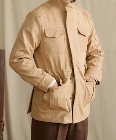 Women's faux suede cowhide safari jacket with stand collar and slim waist in coffee colour