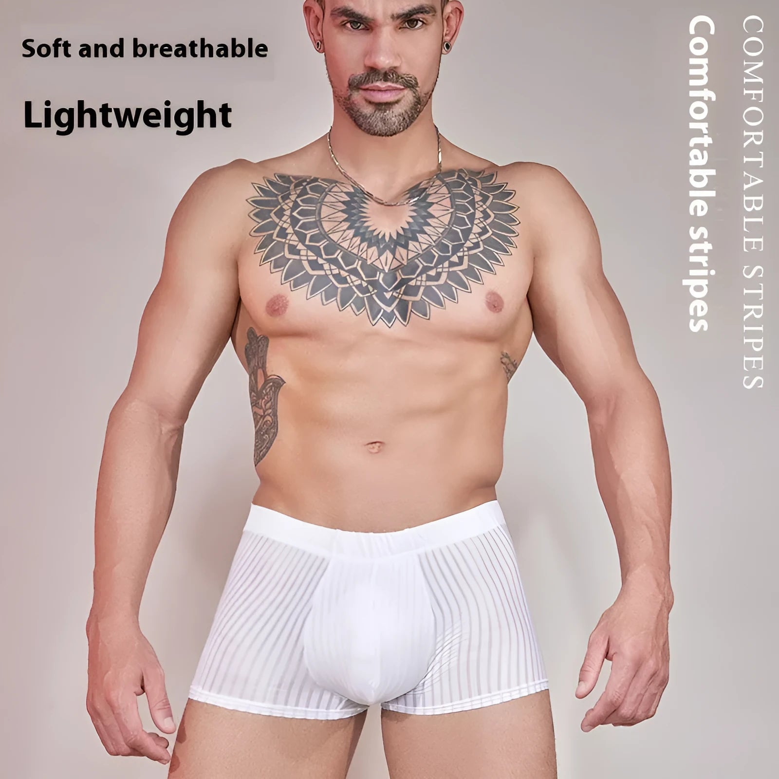 Men's striped underwear in thin nylon fabric showing transparent design in black, white and dark grey colours