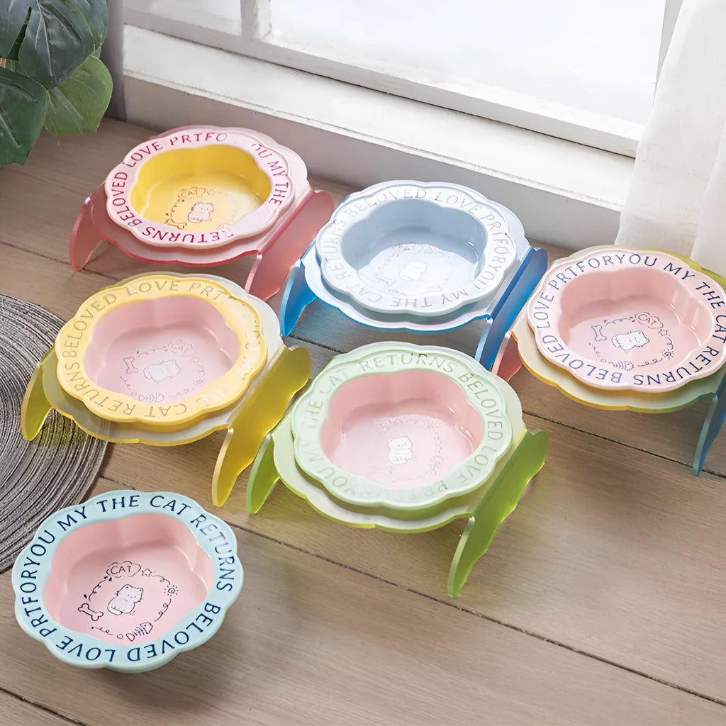 Ceramic cat bowl with anti-tumble acrylic lace in pink and blue colour option