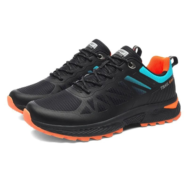 Men's black outdoor running shoes with breathable mesh upper and lace-up design, shown on a white background.