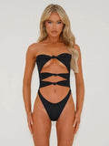 Women's hollow out one-piece swimsuit in nylon fabric showing cut-out design details