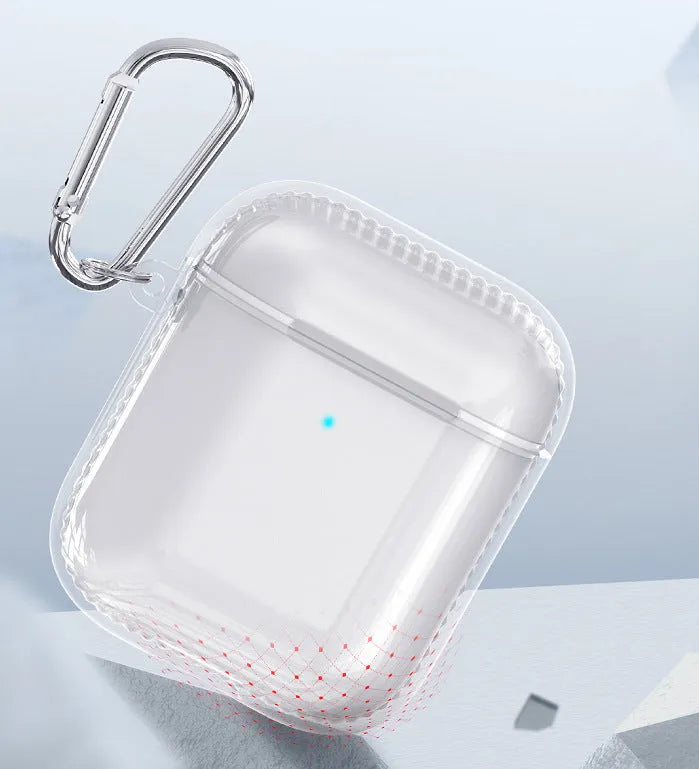 Transparent TPU soft case for AirPods 2 with airbag shock protection, showing snug fit and clear finish