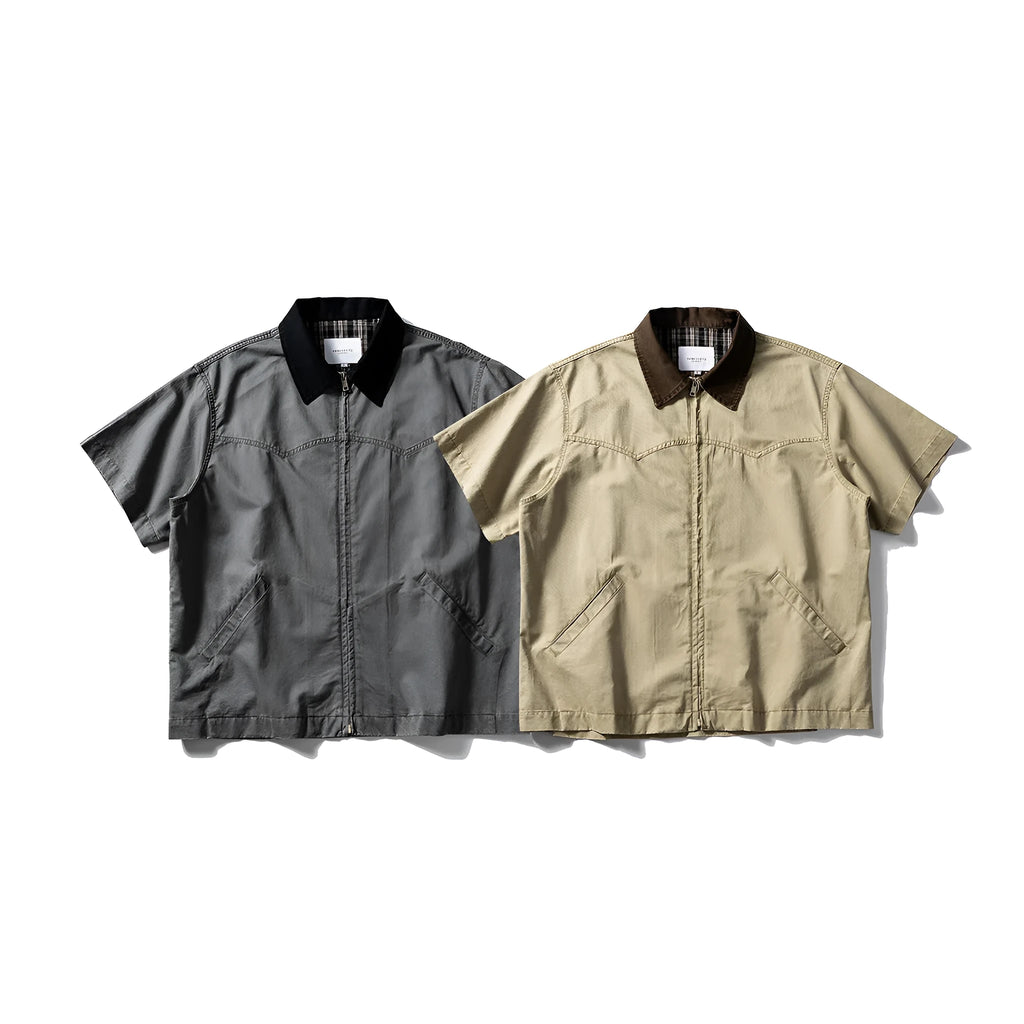 Short sleeve washed overalls shirt in loose cardigan style, cotton fabric, khaki or grey colours