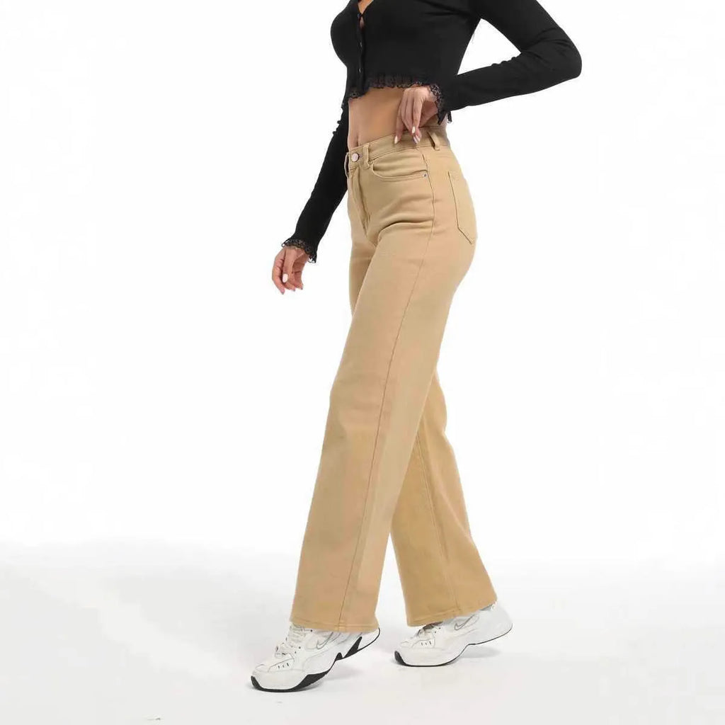 Women's apricot and khaki coloured straight-leg wide jeans with high waist for autumn.