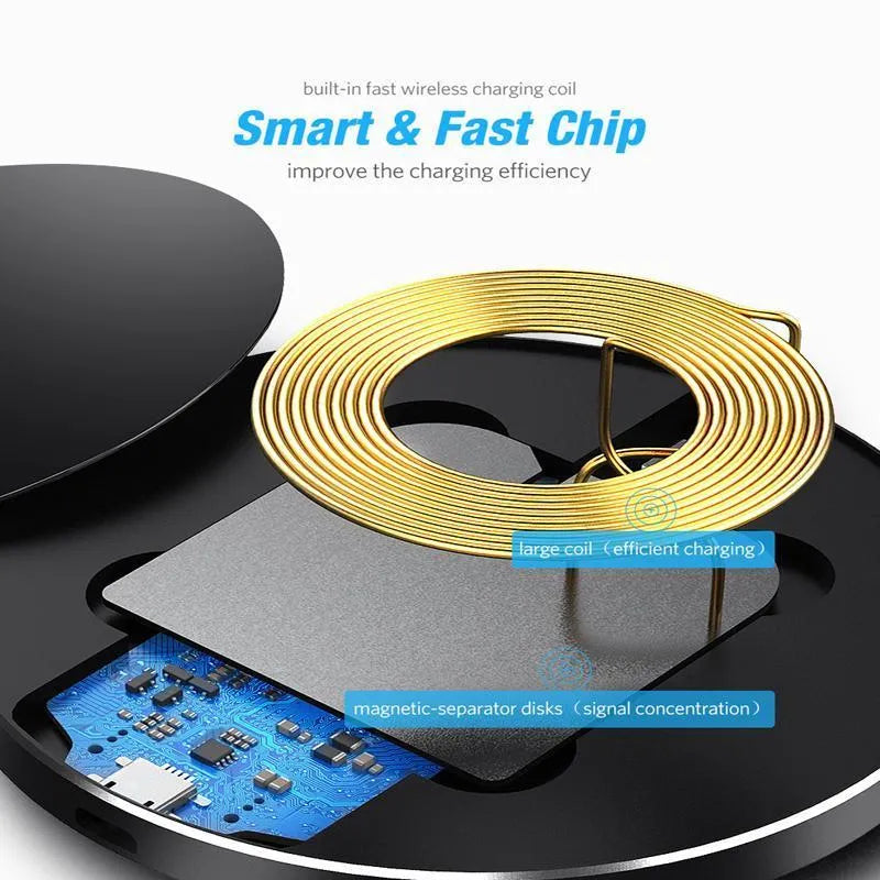 Ultra-thin black wireless charging pad with USB cable on desk