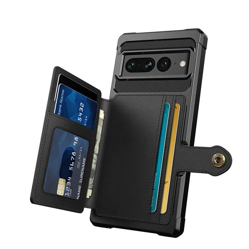 Google Pixel 7 card holder wallet case with magnetic closure in black, blue, cyan, purple, red, rose gold