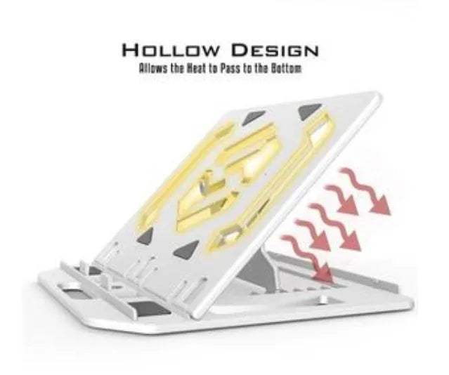 Adjustable notebook stand in black engineering plastic with seven angle positions on a desk