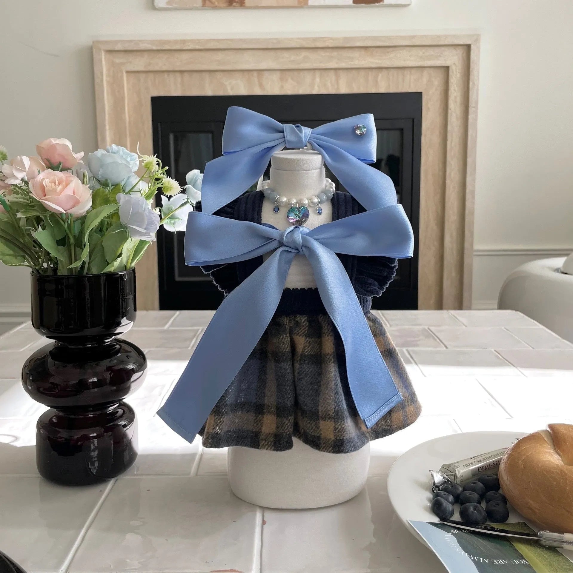 Adjustable dog hair band with princess-style bow on double-sided polyester cotton ribbon