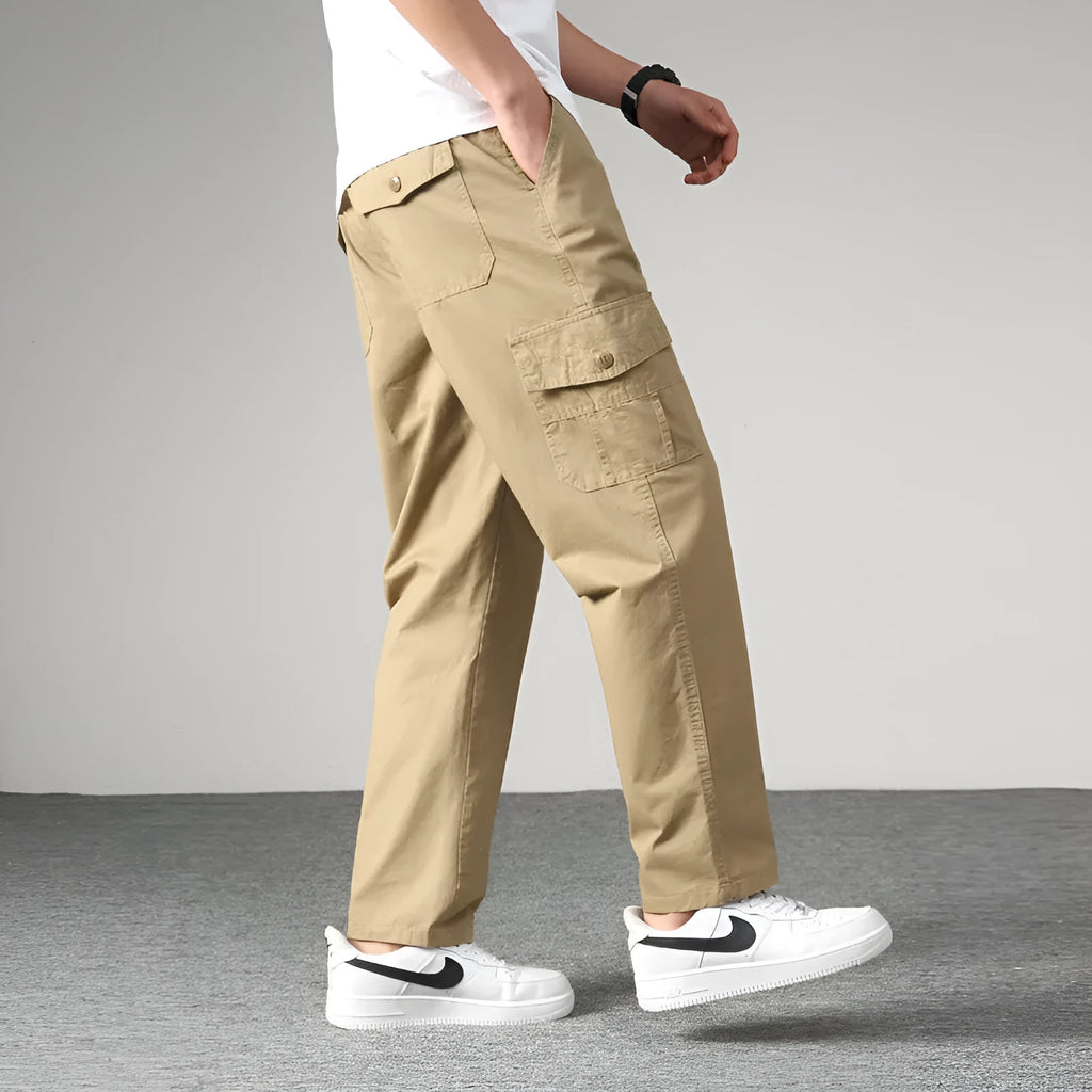 Men's cotton straight-leg casual pants in khaki, black, army grey, dark grey or light grey, sizes M to 6XL