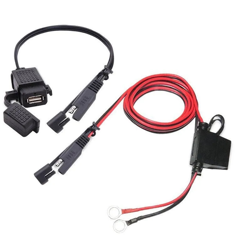 USB SAE adapter for motorcycle phone and GPS charging, black ABS housing with copper contacts