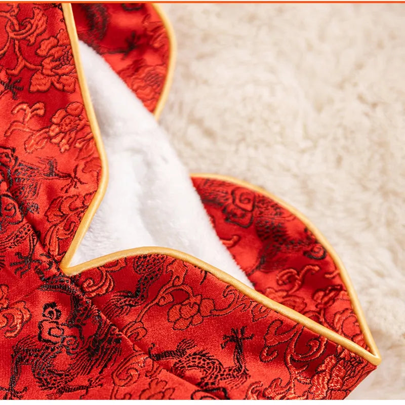 Red brocade pet dog Tang suit with dragon embroidery, faux fur trim, and knot buttons on a large dog