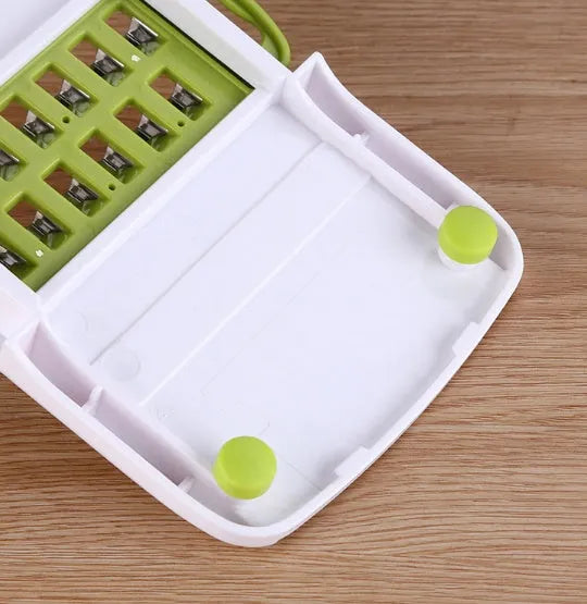Multi-function vegetable chopper with 8 stainless steel blades, 28cm, brown plastic body, safety protector and blades on display