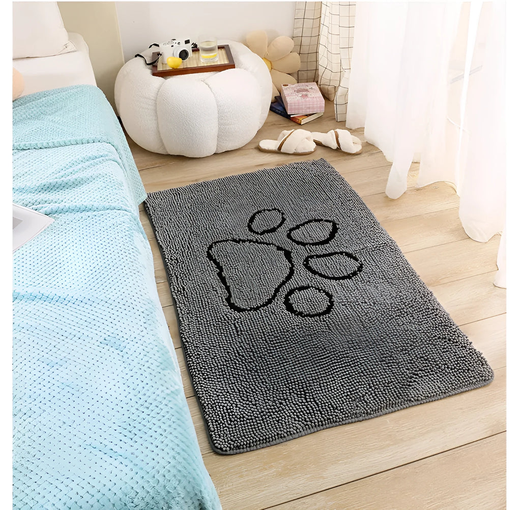 Rectangular chenille embroidered absorbent pet mat in greyhound paw pattern. Made from machine washable polyester fibre. Available in multiple sizes.